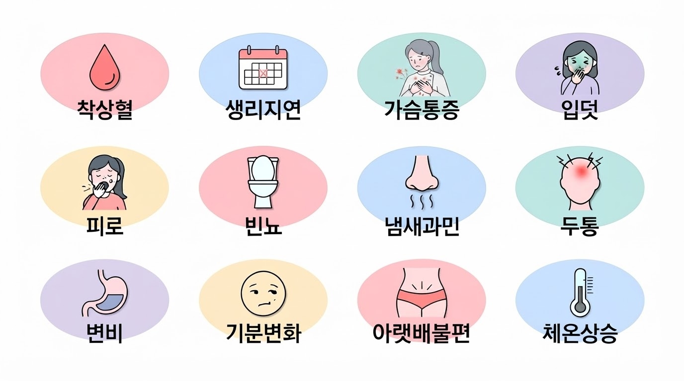 임신 초기 증상 12가지 인포그래픽 — 착상혈·생리지연·가슴통증·입덧·피로·빈뇨·냄새과민·두통·변비·기분변화·아랫배불편·체온상승을 원형 아이콘으로 나열한 안내 이미지