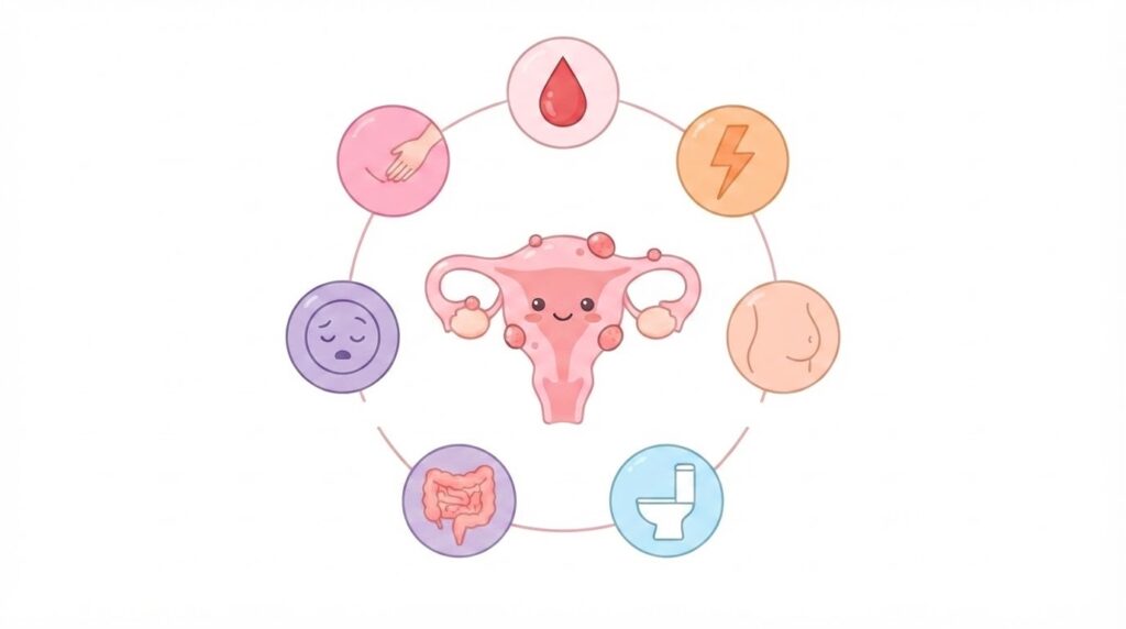 자궁근종 증상 7가지를 보여주는 귀여운 자궁 캐릭터 중심 인포그래픽 — 생리과다·통증·복부팽만·빈뇨·변비·피로·골반압박 원형 아이콘 배치 일러스트