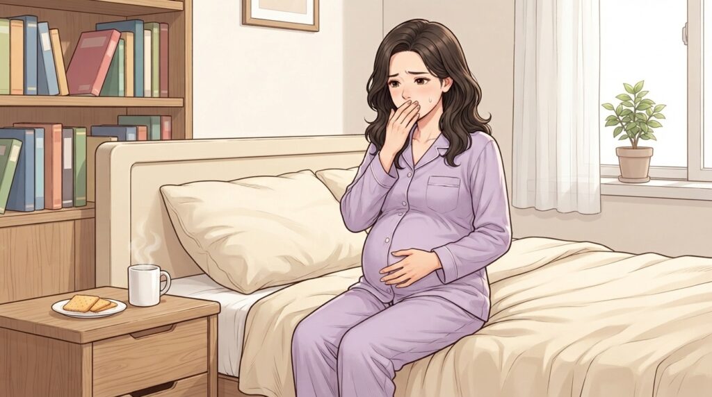 임신 초기 입덧으로 힘들어하는 임산부가 라벤더 파자마를 입고 침대 모서리에 앉아 구역감을 느끼는 웹툰 일러스트