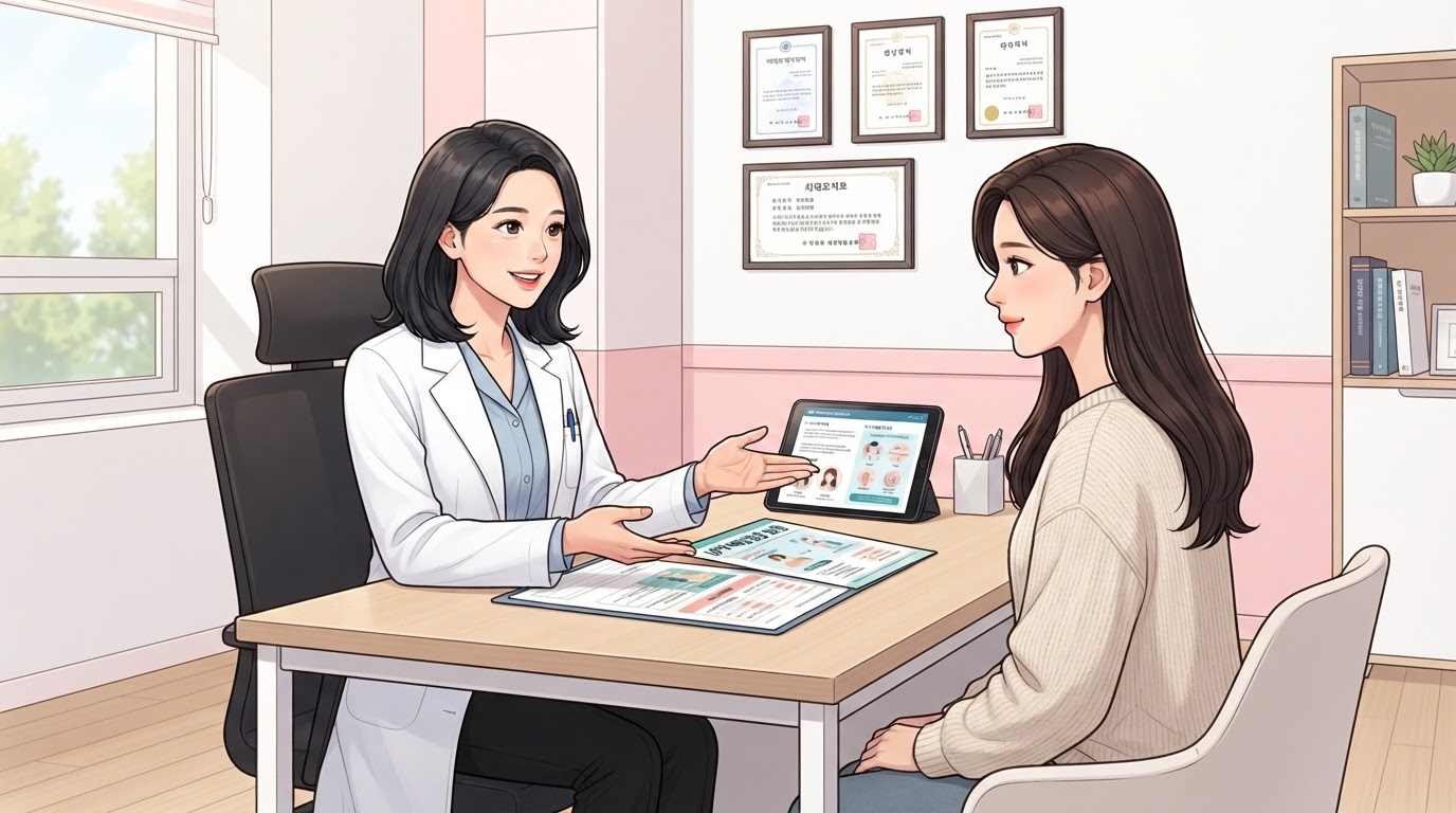분당제일여성병원 자궁경부암 예방접종 상담 웹툰 일러스트 — 자격증 걸린 분홍 진료실에서 여의사가 HPV 백신 안내 자료가 담긴 태블릿을 가리키며 환자에게 접종 계획을 설명하는 장면