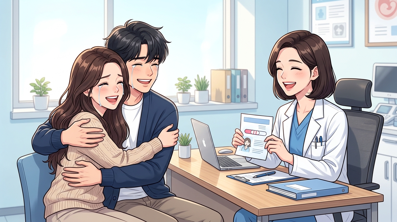 분당 난임센터 시험관 시술 성공으로 임신 확인 소식을 들은 난임 부부가 기쁨의 눈물을 흘리며 포옹하는 감동 장면 웹툰 일러스트