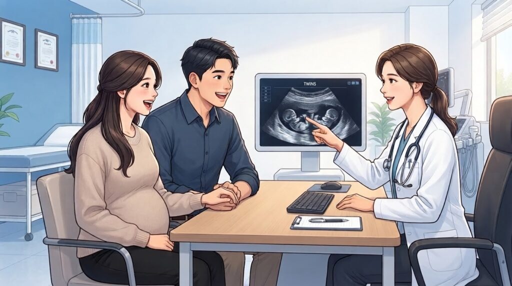쌍둥이 임신 진단 후 여의사에게 초음파 화면으로 쌍태아 설명을 듣는 부부 — 분당제일여성병원