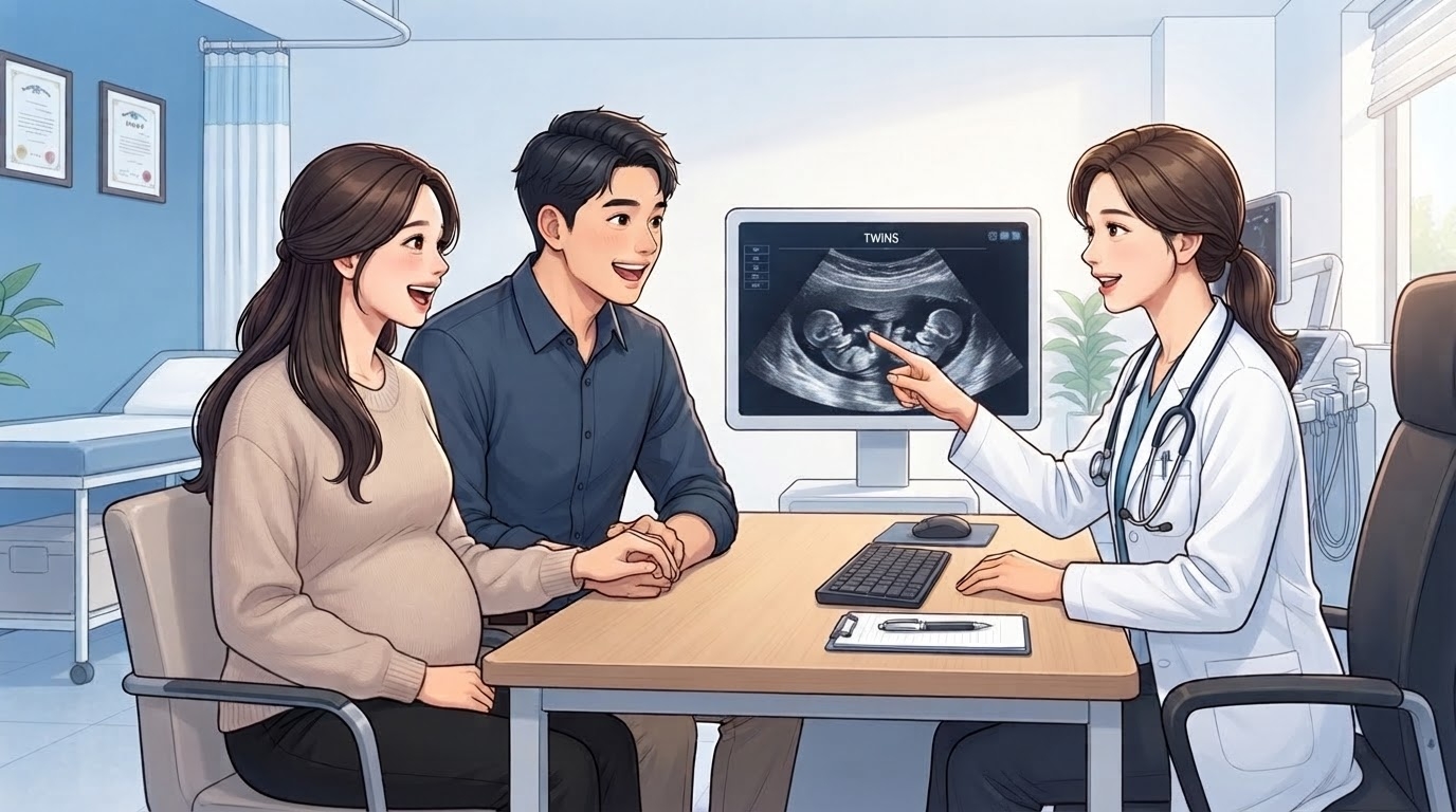 쌍둥이 임신 부부가 분당제일여성병원에서 초음파 화면으로 쌍태아를 확인하는 장면