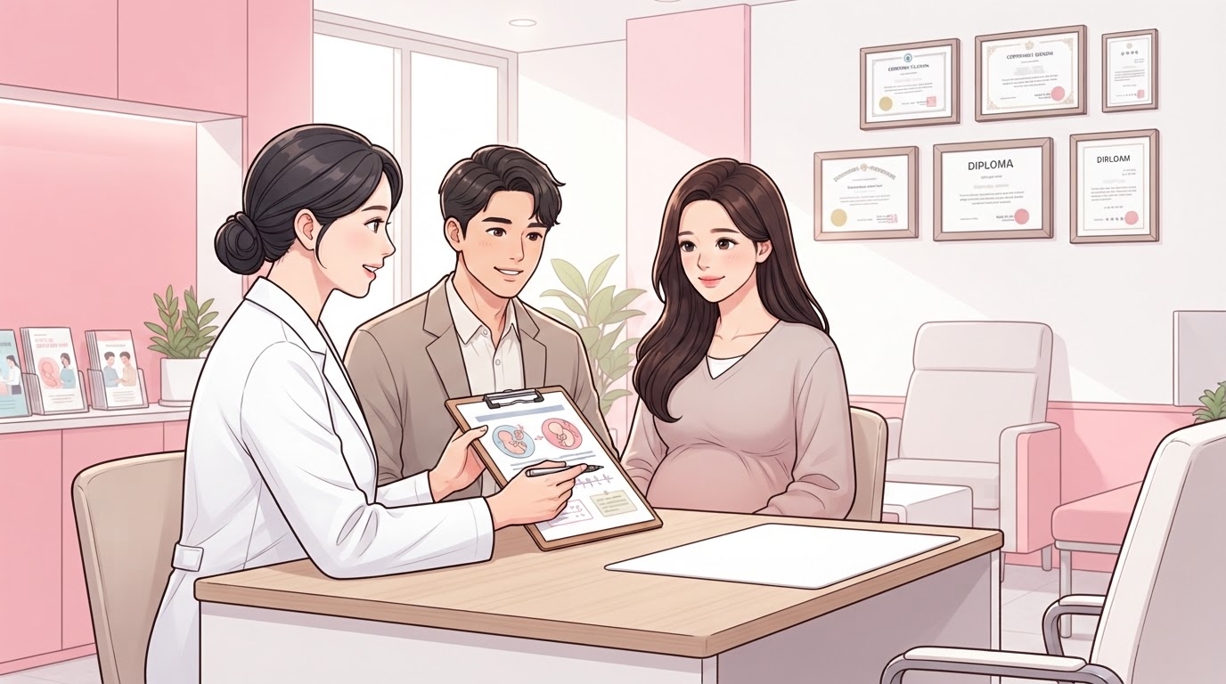 분당제일여성병원 진료실에서 쌍둥이 임신 관리 계획을 전문의에게 안내받는 부부