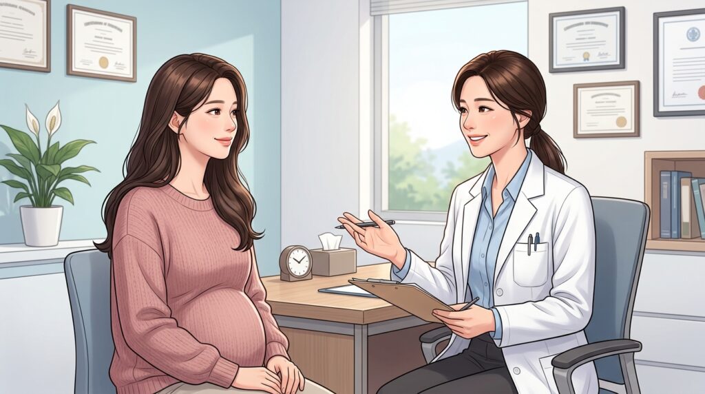 여의사가 클립보드를 들고 35세 이상 고령 산모 임산부에게 검사 항목과 주의사항을 설명하는 진료실 상담 장면 일러스트