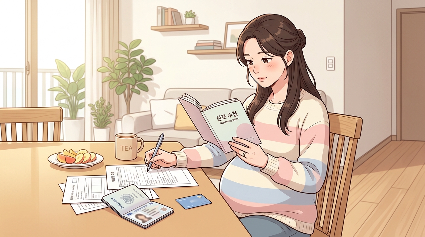 출산가방 서류 준비물인 산모수첩과 신분증·카드 등을 식탁에 펼쳐놓고 꼼꼼히 확인하는 임산부 모습 웹툰 일러스트