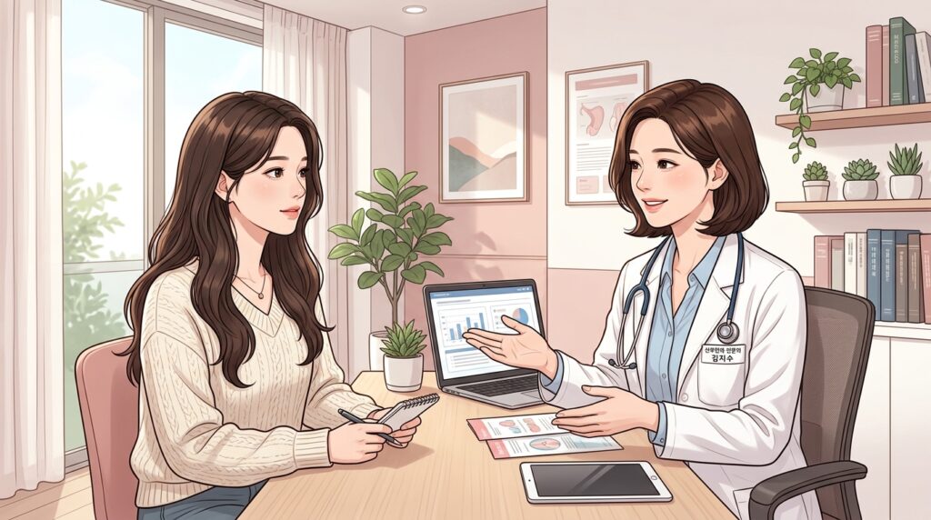 여의사가 노트북 화면 통계를 가리키며 생리불순 원인에 대해 환자에게 상세하게 설명하는 진료실 상담 장면 일러스트