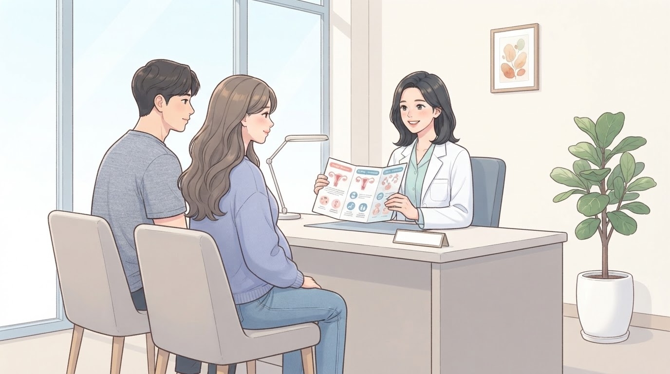 분당 난임센터에서 인공수정과 시험관 시술 차이를 설명하는 전문의와 난임 부부 상담 장면 웹툰 일러스트