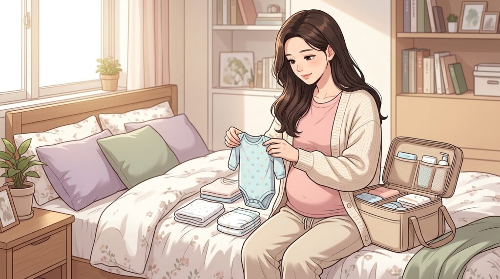 출산가방 체크리스트를 준비하며 침대에서 신생아 배냇저고리를 살펴보고 옆에 가방을 챙기는 임산부 모습 웹툰 일러스트
