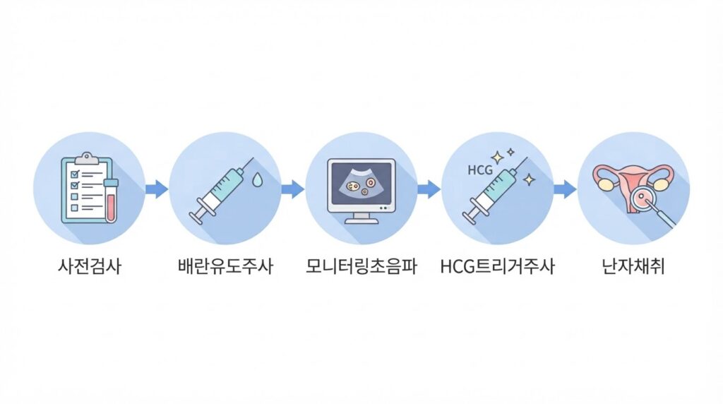 과배란 유도 5단계 과정 인포그래픽 — 사전검사·배란유도주사·모니터링초음파·HCG트리거주사·난자채취를 파스텔 블루 원형 아이콘과 화살표로 연결한 시험관 시술 안내 이미지
