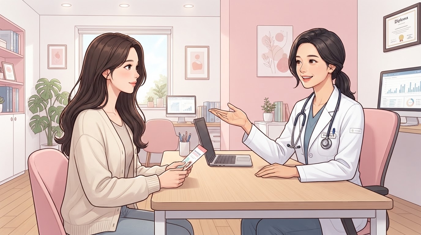 분당제일여성병원 자궁경부암 예방접종 상담 웹툰 일러스트 — 분홍 인테리어 진료실에서 청진기를 건 여의사가 검사 결과지를 들고 있는 환자에게 HPV 백신 접종 계획을 설명하는 장면