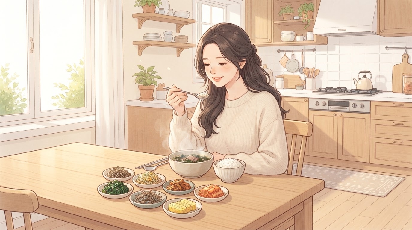 산후조리 영양 관리를 위해 밝은 주방에서 미역국·밥·반찬으로 구성된 산후 식단을 먹는 한국 여성 모습 일러스트