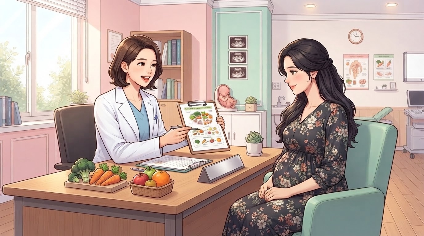 분당제일여성병원 임신 중 음식 영양 상담 일러스트 — 산부인과 진료실에서 여의사가 임산부에게 임신 중 음식과 영양 섭취 가이드를 클립보드로 설명하는 밝은 웹툰 장면