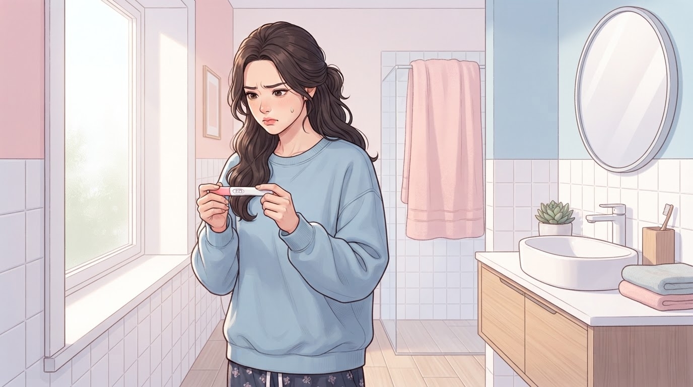 임신 초기 증상 확인 일러스트 — 집 거실 소파에서 임신 테스트기를 들고 미소 짓는 30대 여성의 밝고 따뜻한 웹툰 장면, 아침 햇살이 창문으로 들어오는 파스텔 분위기