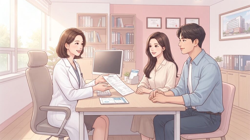 성남 난임센터에서 여의사가 난임 부부에게 검사 결과 서류를 건네며 치료 계획을 설명하는 진료실 상담 장면 일러스트