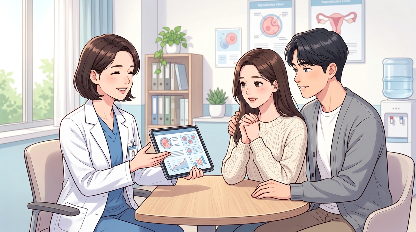분당 난임센터 진료실에서 여의사가 태블릿 검사 결과 데이터를 난임 부부에게 보여주며 설명하는 상담 장면 웹툰 일러스트