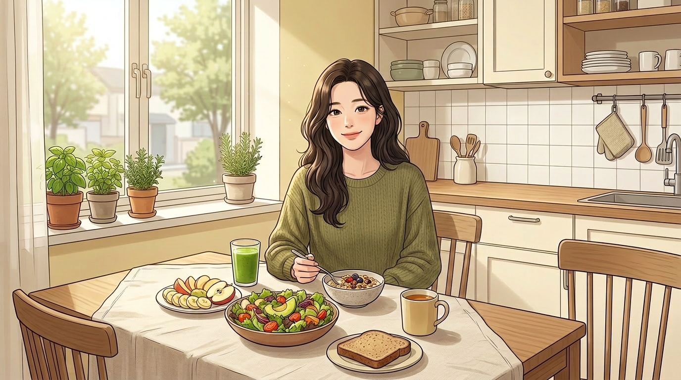 생리불순 원인 예방을 위해 밝은 주방에서 샐러드·과일·그린주스 등 균형 잡힌 식단으로 식사하는 한국 여성 모습 일러스트