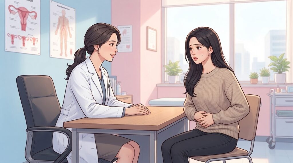 분당제일여성병원 생리통 상담 일러스트 — 파스텔 블루핑크 진료실에서 여의사가 아랫배 통증을 호소하는 20대 여성 환자의 이야기를 경청하며 상담하는 장면