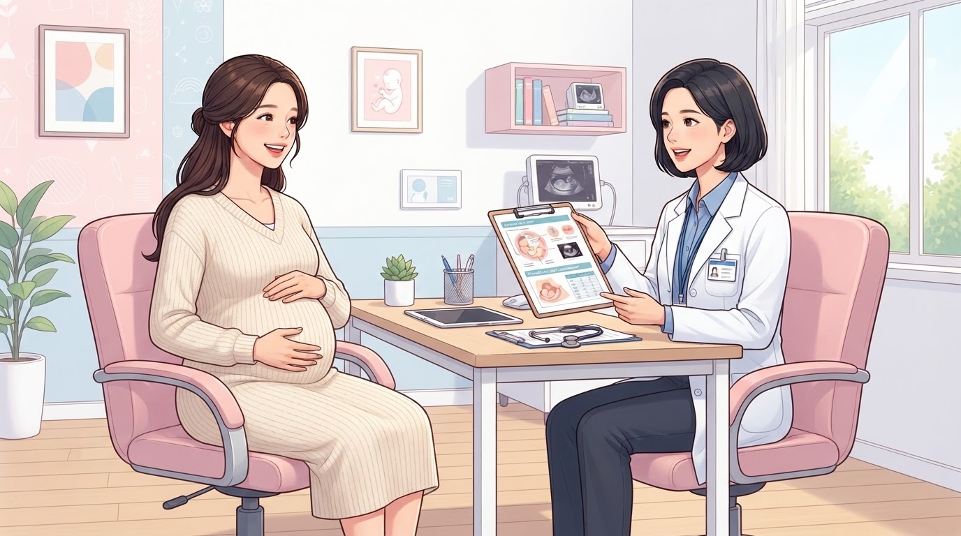 쌍둥이 임신 산모가 분당제일여성병원 전문의에게 고위험 분만 준비 7단계를 안내받는 장면