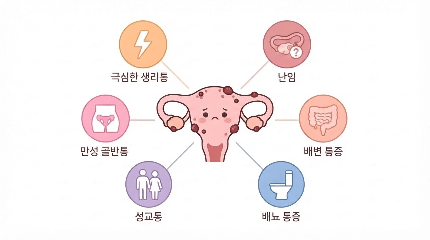 자궁내막증 6가지 증상을 귀여운 자궁 캐릭터 중심으로 원형 아이콘에 한글로 표시한 인포그래픽 — 극심한 생리통·난임·만성 골반통·배변 통증·성교통·배뇨 통증
