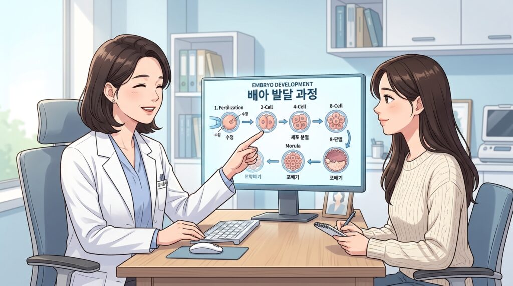 분당 난임센터 진료실에서 여의사가 모니터의 배아 발달 과정 그림을 가리키며 시험관 시술 과정을 설명하는 장면 웹툰 일러스트