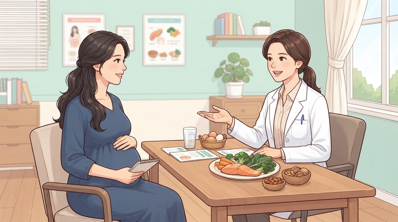 임신 중 음식 가이드 일러스트 — 분당제일여성병원 영양 상담실에서 임산부가 건강한 식재료를 앞에 두고 전문의와 임신 중 음식 가이드를 상담하는 밝은 웹툰 장면