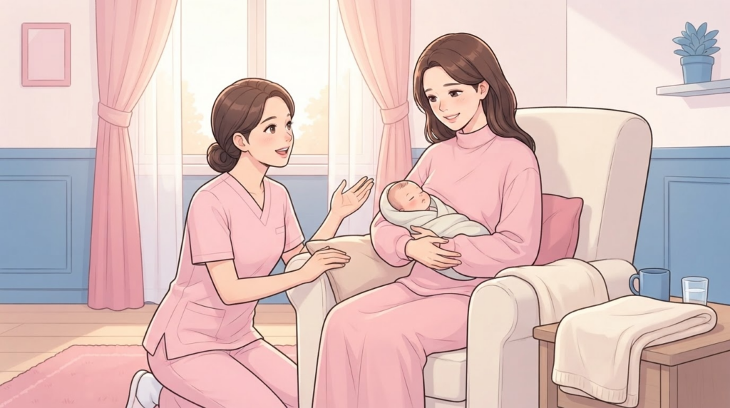 분홍색 유니폼을 입은 수유 지도 간호사가 안락의자에 앉은 산모 곁에 무릎을 꿇고 쿠션을 받쳐주며 자세를 잡아주고 산모는 속싸개에 싸인 아기를 안고 미소 짓는 일러스트