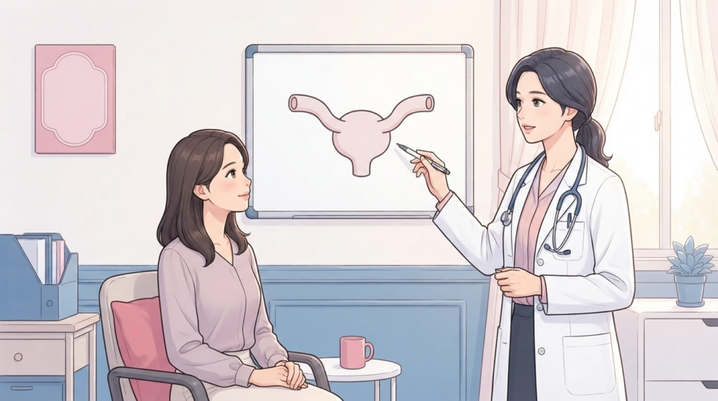 여성 전문의가 펜으로 화이트보드에 그려진 자궁과 난관 도식을 가리키며 설명하고 여성 환자가 의자에 앉아 손을 모은 채 올려다보며 귀 기울이는 진료실 일러스트