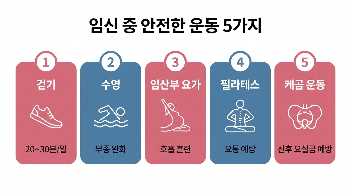 임신 중 안전한 운동 5가지 인포그래픽. 걷기(20~30분/일)·수영(부종 완화)·임산부 요가(호흡 훈련)·필라테스(요통 예방)·케겔(산후 요실금 예방).
