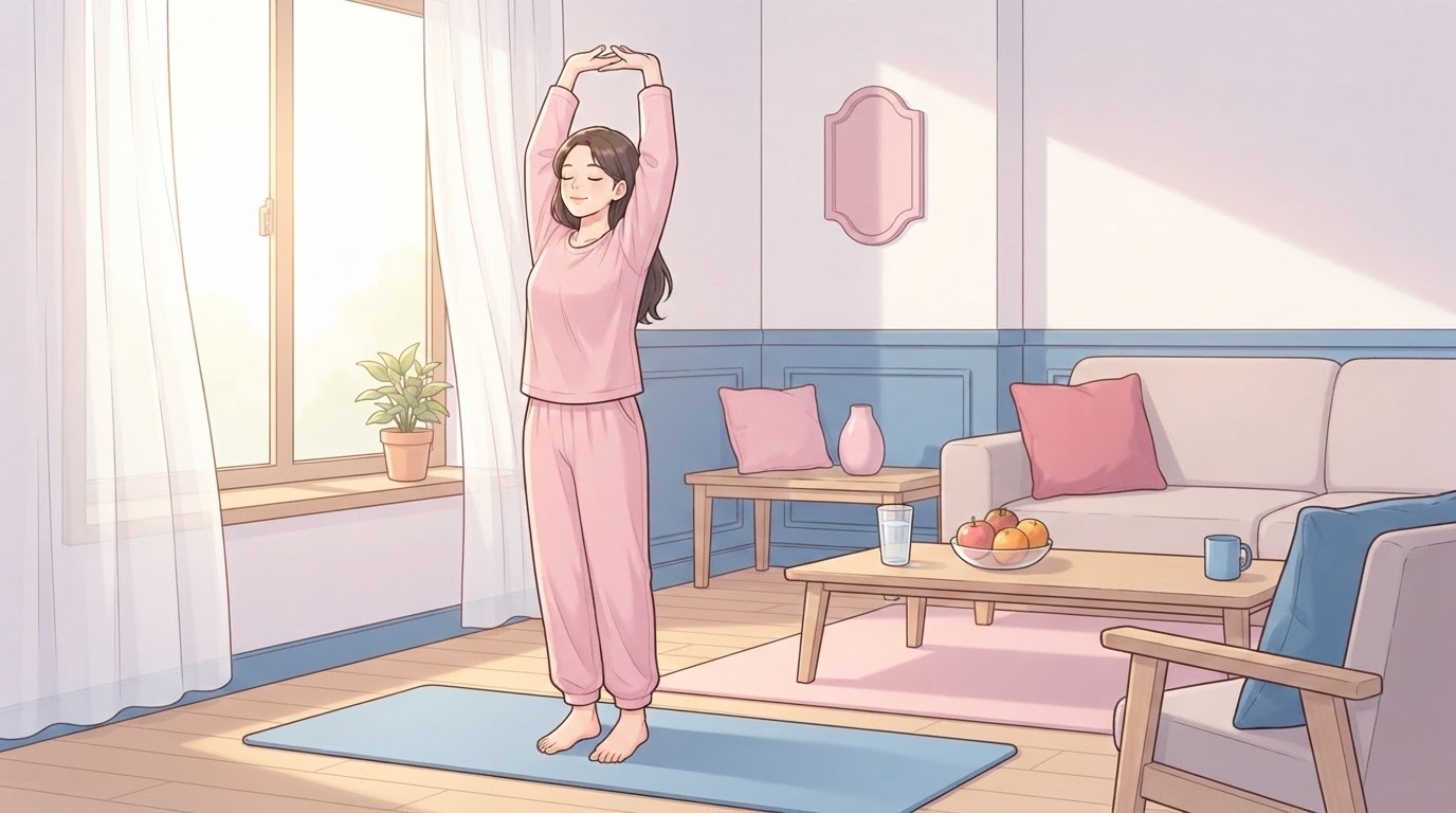 자궁내막 건강을 위한 생활 관리 — 여성이 밝은 거실에서 가벼운 스트레칭을 하며 컨디션을 관리하는 일러스트