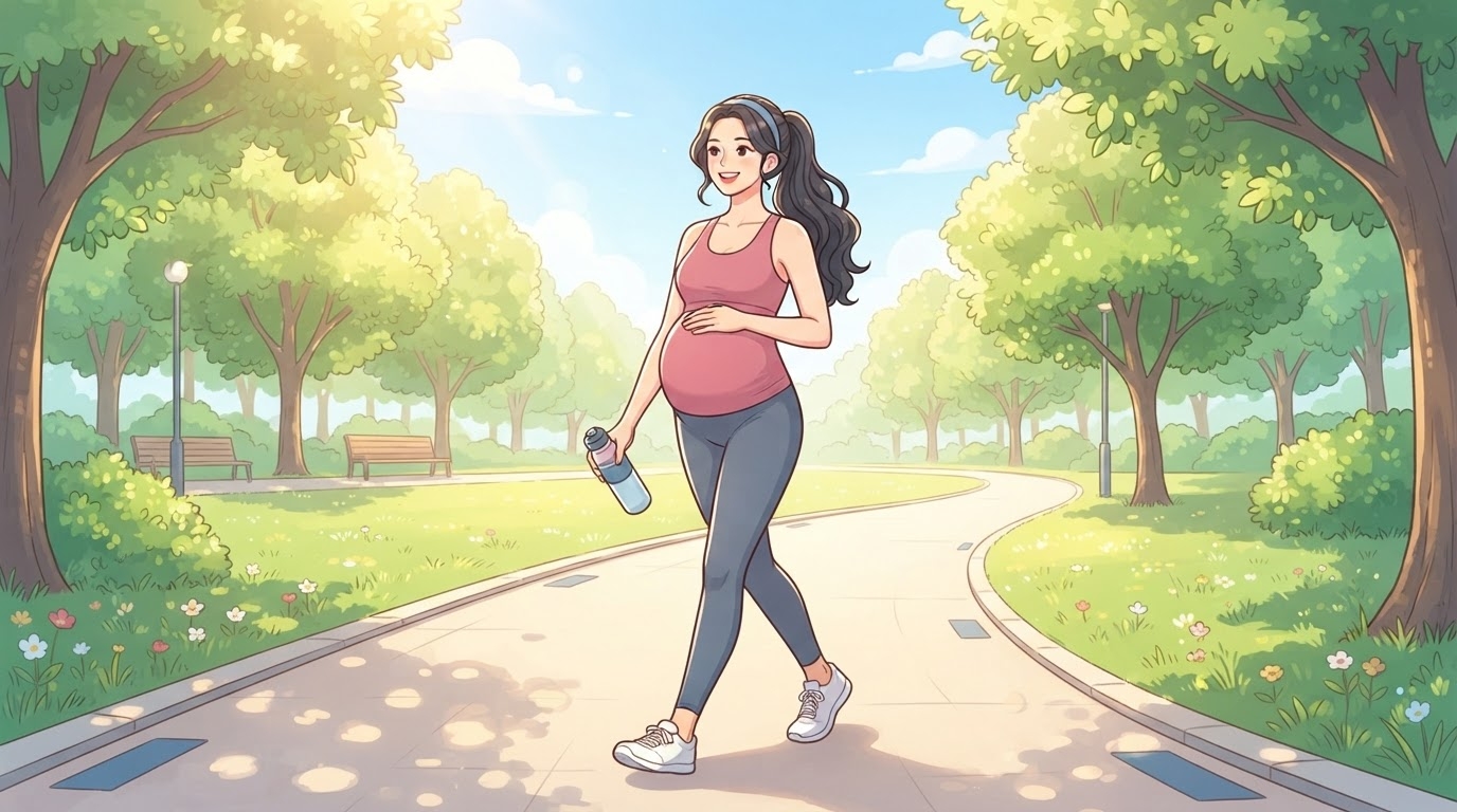 임신 후기 산모가 운동복 차림으로 물병 들고 공원 산책로를 밝게 걷는 웹툰 일러스트 — 분당제일여성병원 임신 중 운동 가이드