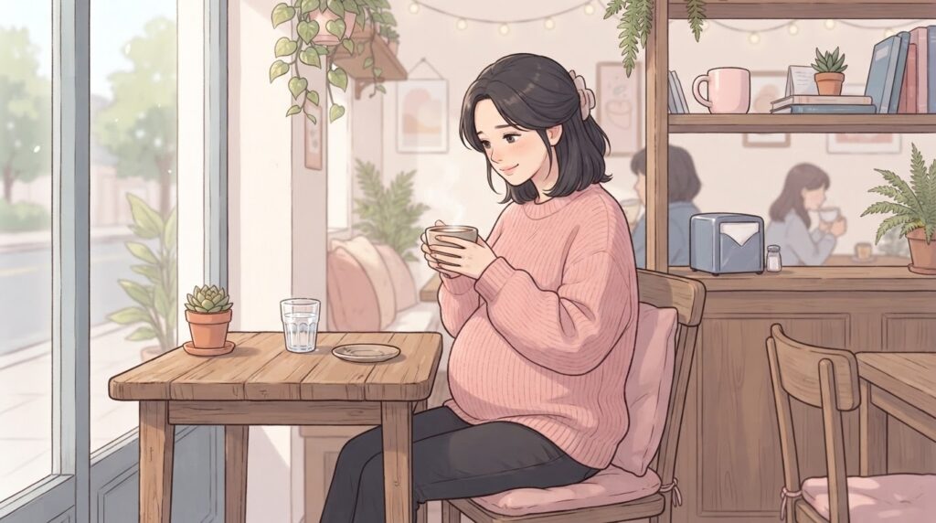 임신부가 창가 카페 자리에서 따뜻한 커피잔을 두 손으로 감싸 들고 앉아 있는 일러스트. 테이블 위에는 물 한 잔이 함께 놓여 있고 햇살이 들어오는 차분한 카페 실내