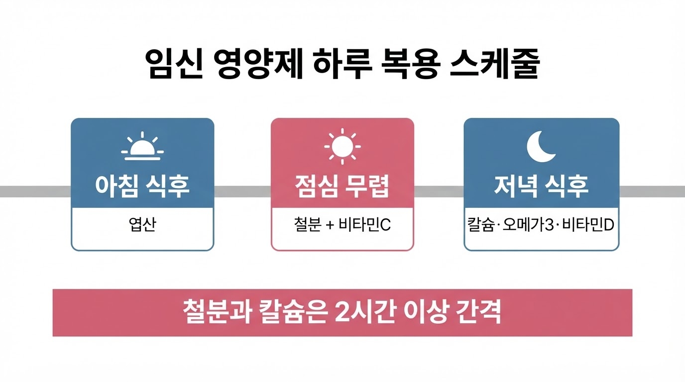 임신 영양제 하루 복용 스케줄 인포그래픽 — 아침 엽산 점심 철분 저녁 칼슘 오메가3 비타민D 배치 안내 이미지