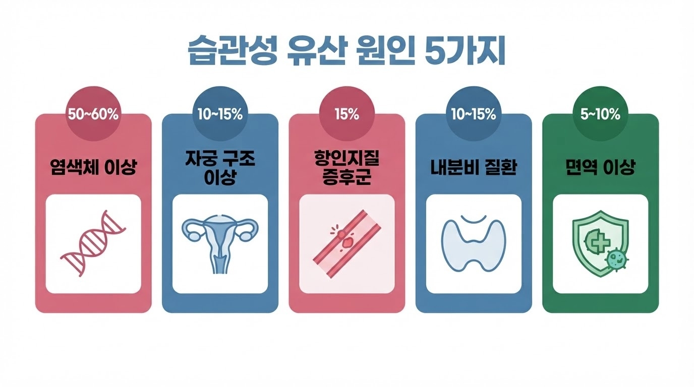 습관성 유산 원인 5가지 인포그래픽 — 염색체 이상, 자궁 기형, 항인지질 증후군, 내분비 질환, 면역 이상