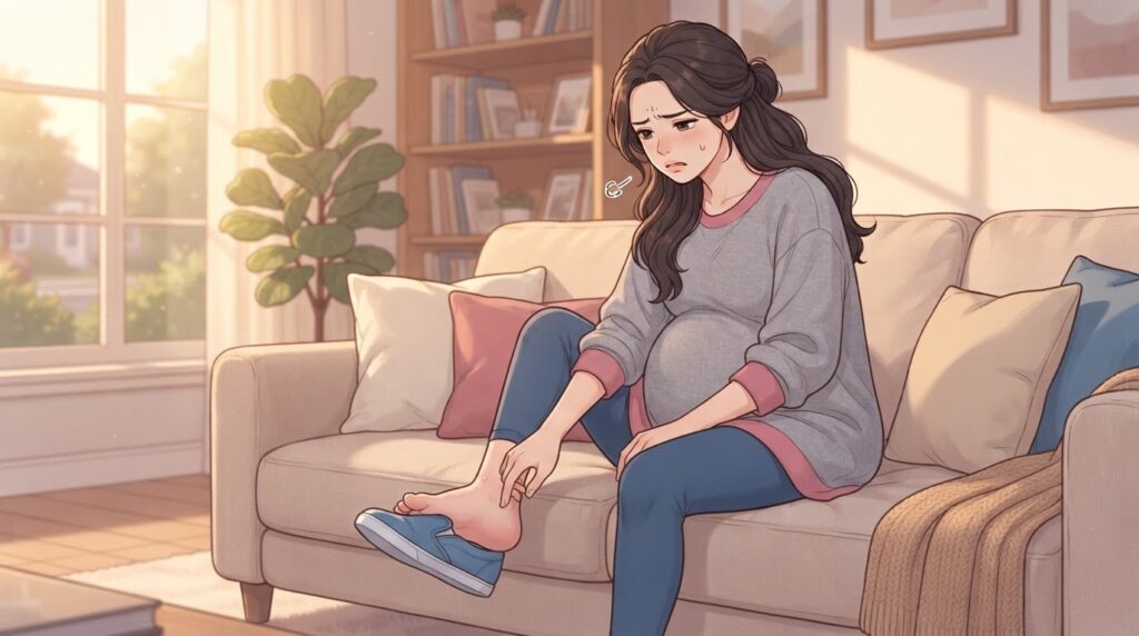 임신 후기 산모가 소파에 앉아 부종으로 신발이 맞지 않는 발목을 손으로 잡으며 힘들어하는 웹툰 일러스트. 창문 햇살이 들어오는 따뜻한 거실 배경.