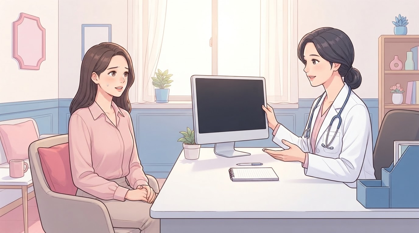 자궁내막 두께 상담 — 난임센터 전문의가 초음파 결과를 보며 여성 환자에게 착상 환경을 설명하는 진료실 장면 일러스트