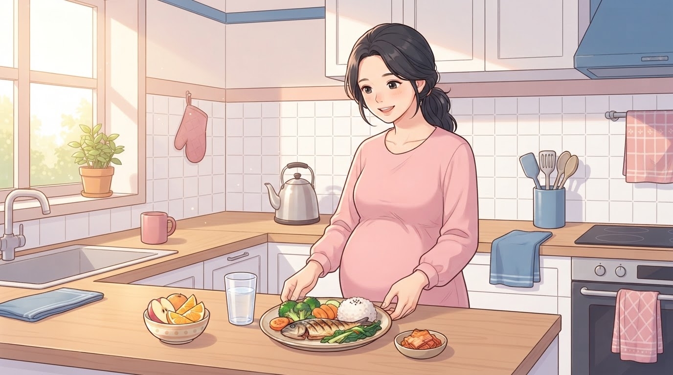 임신 중 체중 관리 식사 — 임산부가 집에서 채소와 단백질이 담긴 균형 잡힌 한 끼를 준비하는 일러스트