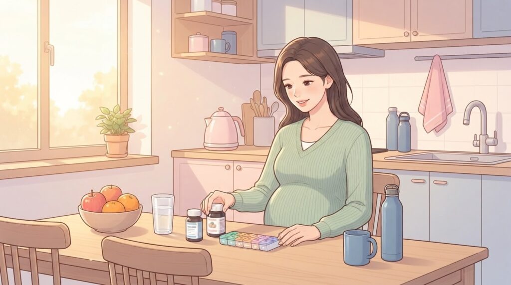 임신부가 밝은 부엌 식탁에서 영양제 병과 요일별 알약 정리함을 앞에 두고 하루 복용 계획을 정리하는 일러스트. 옆에는 물 한 잔과 과일 바구니가 놓여 있는 아침 장면