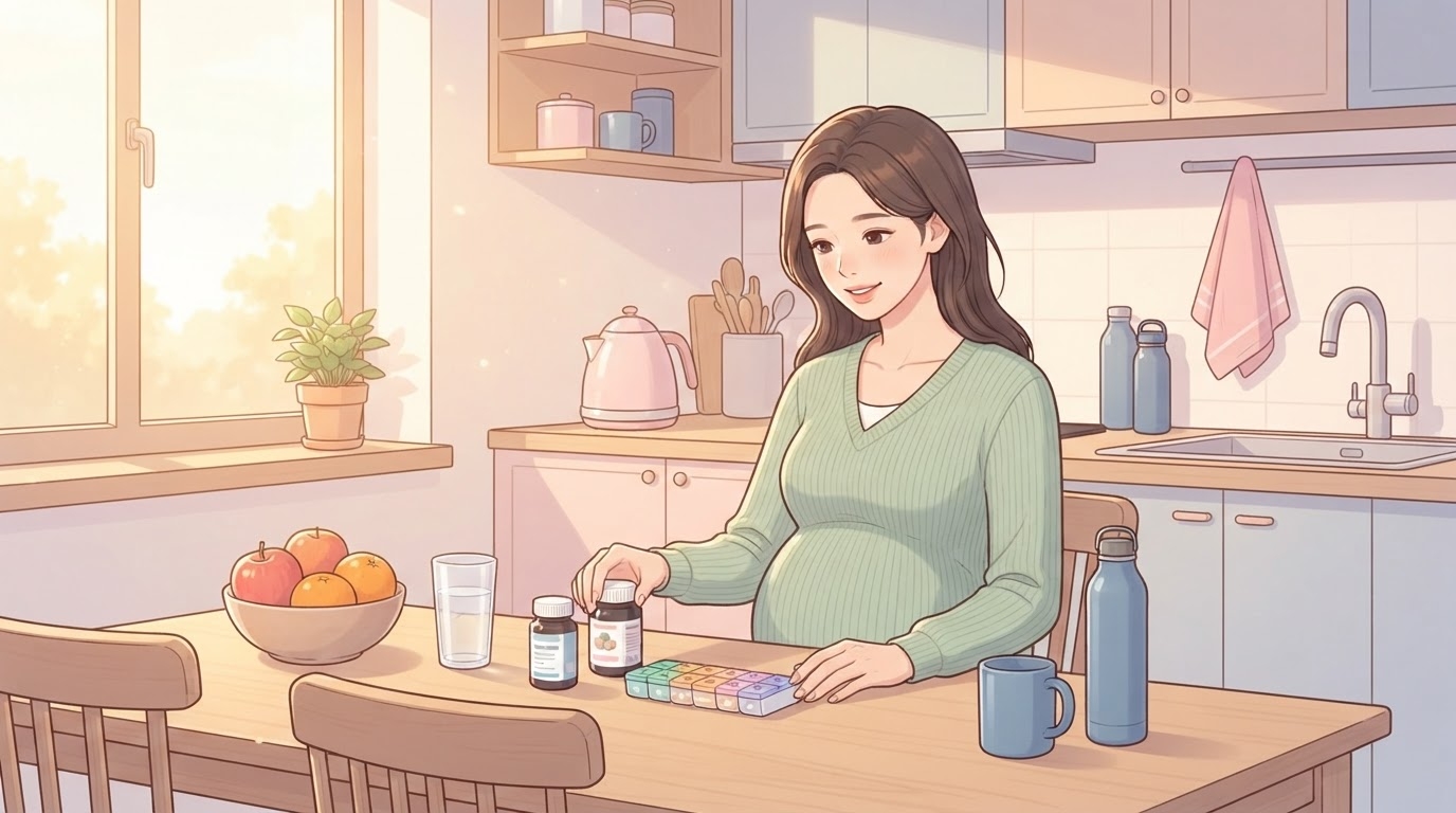 임신 영양제를 정리하며 복용 계획을 세우는 임산부 일러스트 — 수원 산부인과 분당제일여성병원 임신 영양제 가이드