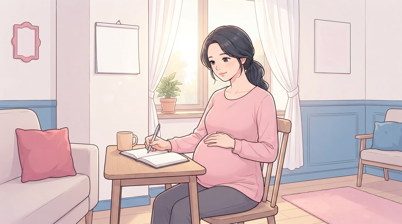 임신 중 체중 기록 — 임산부가 주간 체중을 노트에 기록하며 관리하는 밝은 거실 장면 일러스트