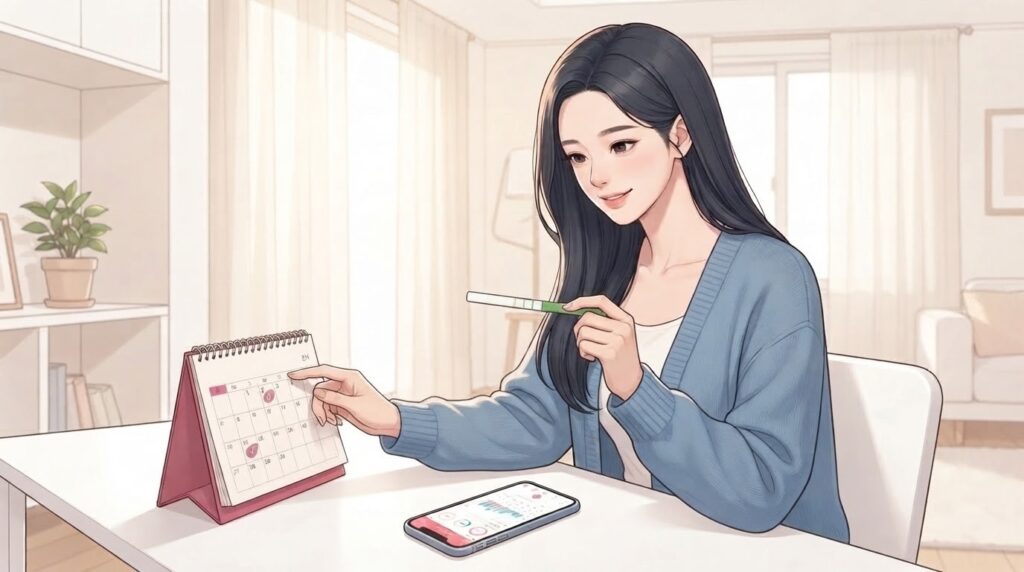 분당제일여성병원 배란일 계산법 — 여성이 달력을 손가락으로 짚고 LH 배란 테스트기를 들고 있는 웹툰 일러스트