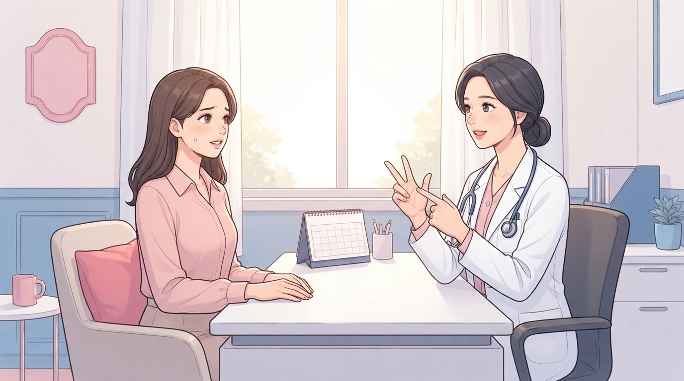 자궁내막이 얇을 때 임신 방법 상담 — 난임센터 전문의가 여성 환자에게 호르몬 조절과 이식 전략을 설명하는 진료실 장면 일러스트