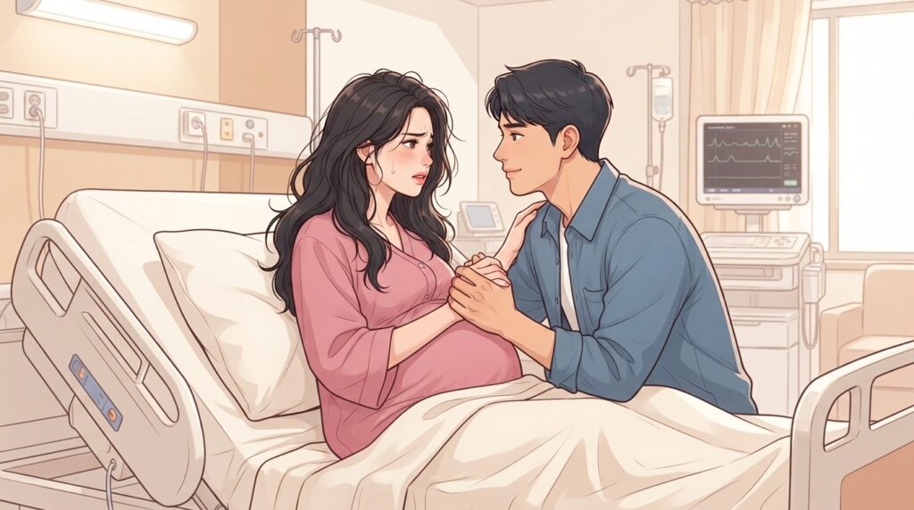 분만실 병원 침대에서 진통 중인 산모가 배우자와 손 잡고 눈 마주치는 장면. 배경에 CTG 모니터.