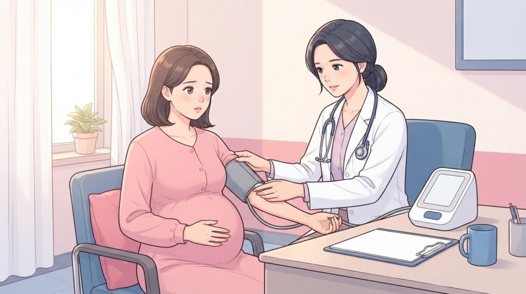 진료실에서 여성 전문의가 임신 후기 산모의 팔에 혈압 커프를 감아 혈압을 측정하고 산모는 배에 손을 얹은 채 다소 걱정스러운 표정으로 앉아 있는 일러스트