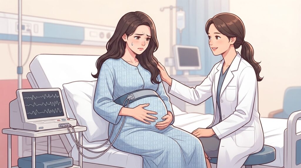 임신 후기 산모가 병원 침대에 앉아 복부 통증과 자궁 수축을 느끼며 눈물을 흘리는 장면. 옆에서 여의사가 어깨를 다독이며 안심시키고 CTG 모니터가 연결된 모습. 분당제일여성병원 조산 진료.