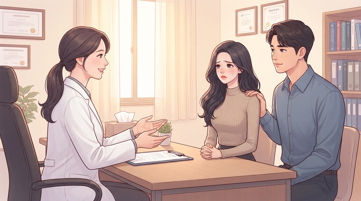슬픔을 안고 있는 산모가 여의사에게 습관성 유산 원인에 대해 상담받으며 희망을 찾는 장면 — 분당제일여성병원 습관성 유산 가이드