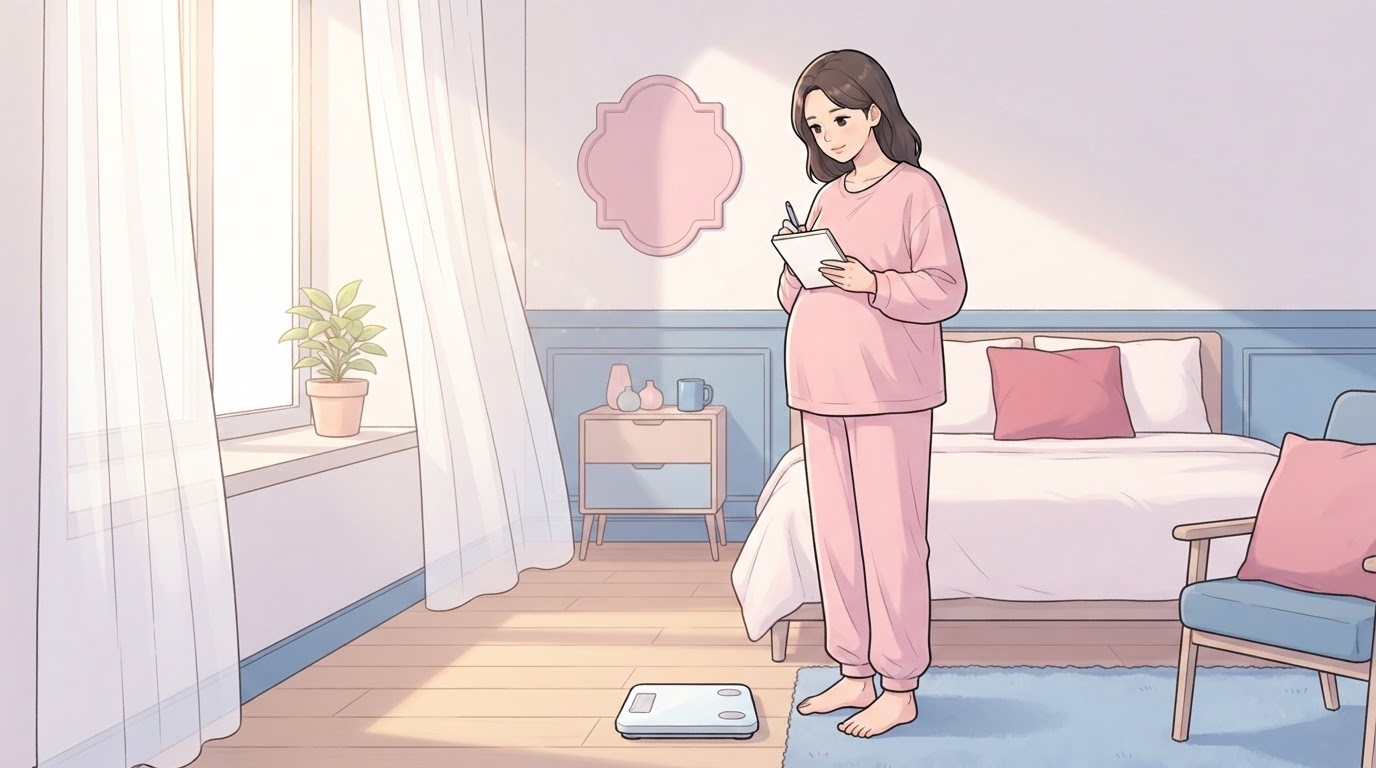 임신 중 체중 증가 관리 — 임산부가 집에서 체중계에 올라 기록장에 적으며 컨디션을 확인하는 일러스트