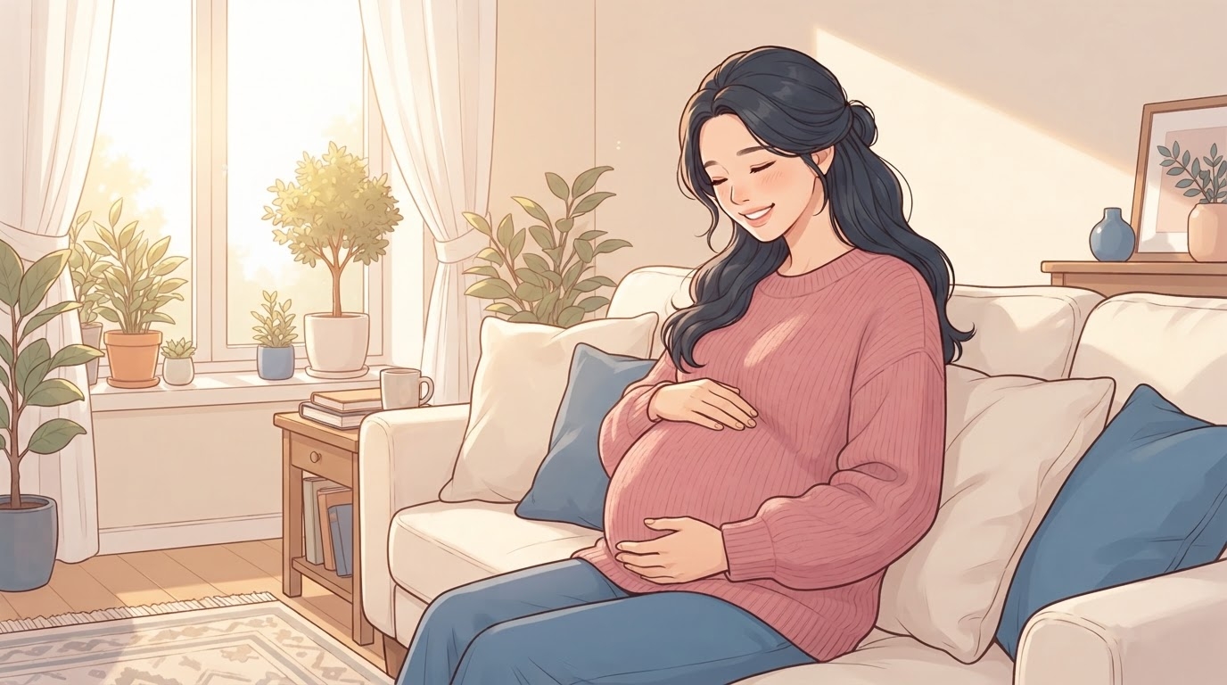 임신 중 배 위에 손을 얹고 태아 움직임을 느끼며 행복하게 미소 짓는 산모 — 분당제일여성병원 태동 가이드