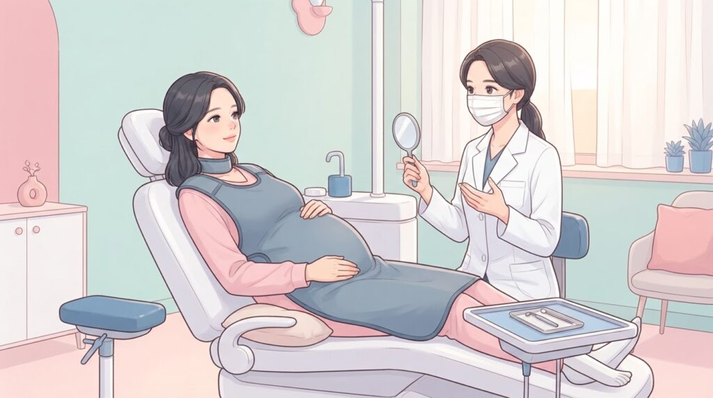 치과 진료 의자에 기대어 가슴과 배에 회색 납가운을 덮고 편안히 누운 분홍 상의 차림의 임산부와, 옆에서 손거울을 들고 설명하는 마스크 착용 흰 가운 차림 치과의사의 웹툰 일러스트
