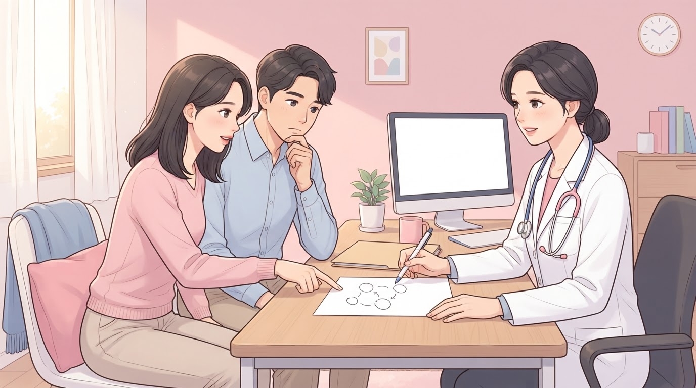 진료실 책상에서 펜으로 종이 위에 원 모양 도식을 그려 가며 설명하는 흰 가운 차림의 여성 의료진과, 맞은편에서 종이를 손가락으로 짚으며 질문하는 삼십 대 부부를 담은 웹툰 일러스트